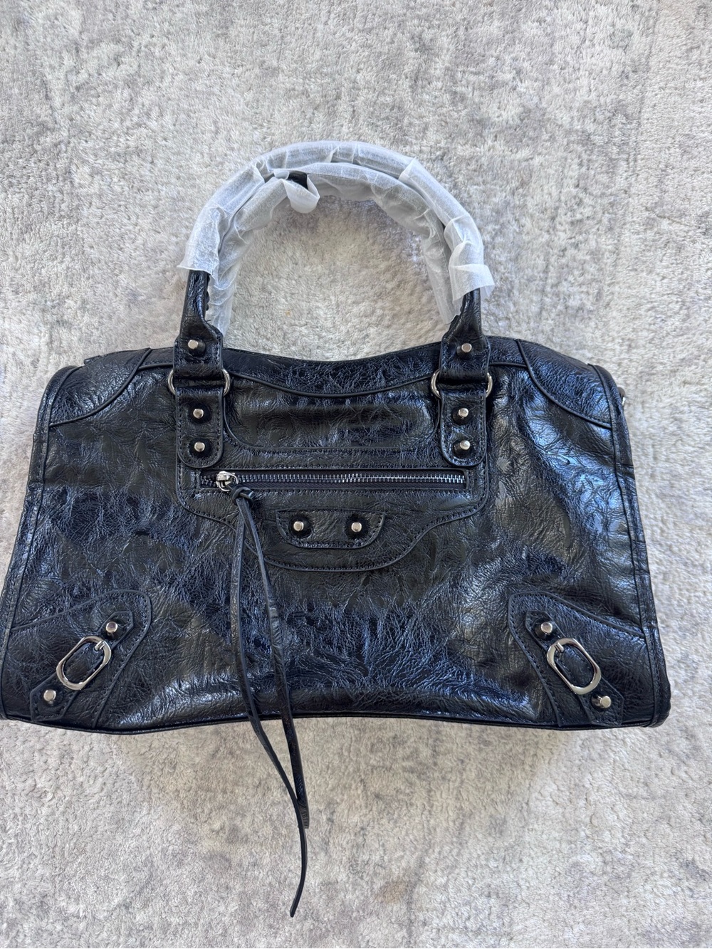 Textured Black Leather Shoulder Bag with Silver Hardware